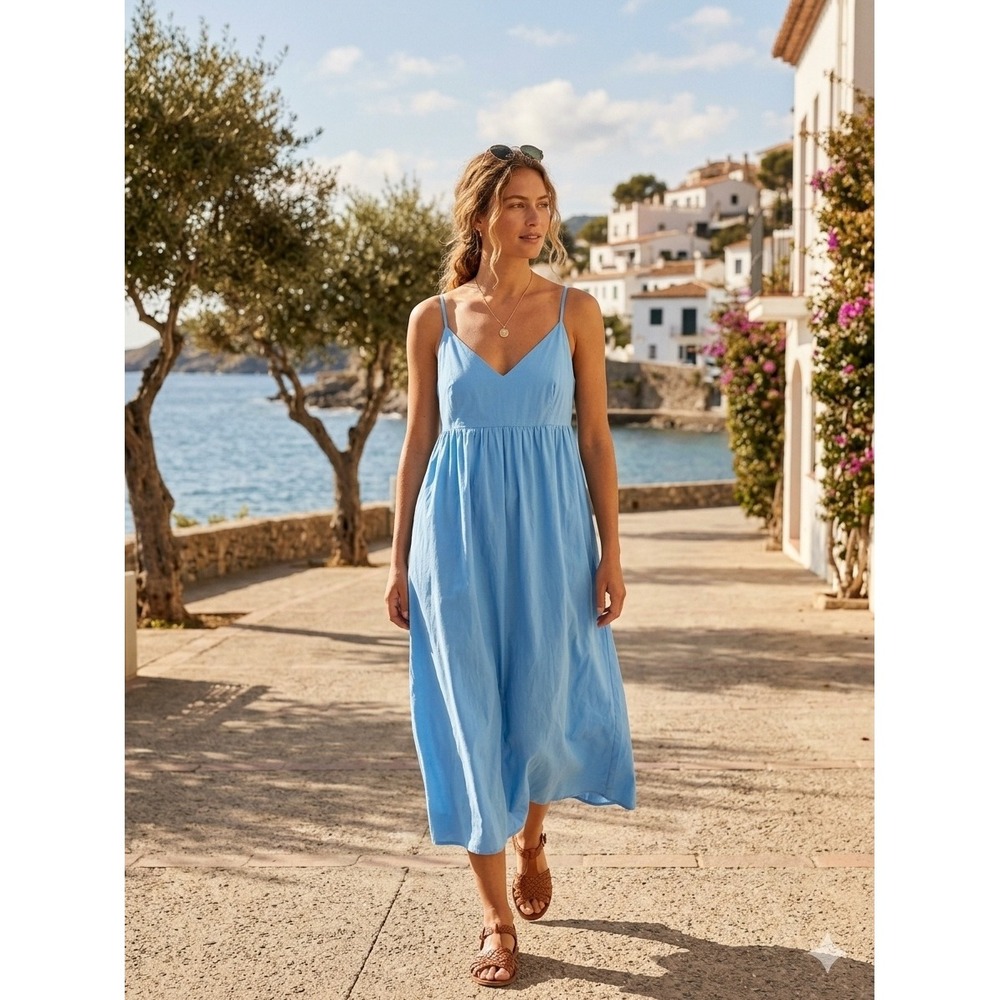 Quince Organic Cotton Smocked Back Maxi Dress Blue XL RK001